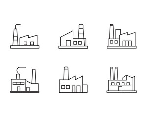 Collection of factory icon vector illustrations representing industrial buildings and manufacturing facilities in a line art style design