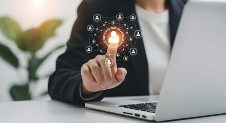 Business professional interacting with a digital network of people icons