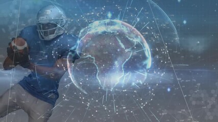 Rotating globe initiating football player sprinting, coiling, throwing pass in sports simulation - Powered by Adobe