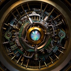 Steampunk Mechanism: Intricate details of a steampunk mechanism, showcasing gears, intricate designs, and metallic textures in a vintage, industrial aesthetic.