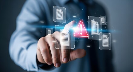 Businessman interacting with digital interface displaying document icons and a warning alert