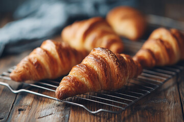 Fresh croissant looks so delicious and crispy and freshly baked on cooling rack