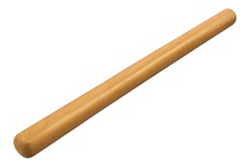 Wooden rolling pin positioned diagonally, highlighting traditional baking tool against clean transparent surface