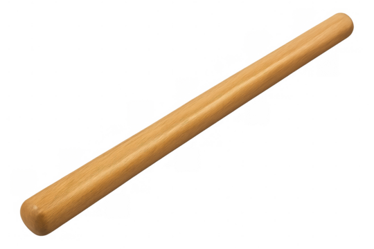 Wooden rolling pin positioned diagonally, highlighting traditional baking tool against clean transparent surface