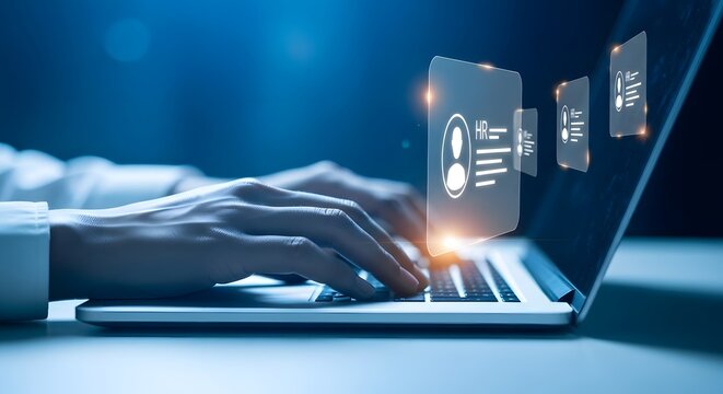 Hands typing on a laptop with hr profile icons appearing on a digital interface - Powered by Adobe