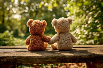 Two Teddy Bears Sitting Together on a Wooden Bench in Nature