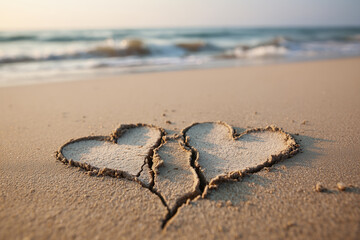 Two Connected Hearts Drawn on the Sandy Beach at Sunset