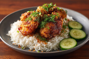 Garlic fried chicken over rice looks delicious and appealing