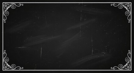 Vintage movie intro frame with ornate white corner flourishes on a textured black chalkboard background, evoking classic cinema nostalgia and elegant design