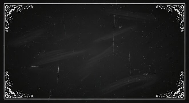 Vintage movie intro frame with ornate white corner flourishes on a textured black chalkboard background, evoking classic cinema nostalgia and elegant design
