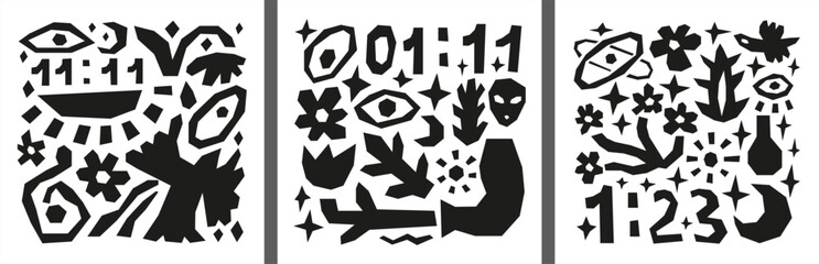 Set of Matisse collage illustrations with angel numbers and abstract shapes. Paper cut geometric elements. Magic signs. Minimalist contemporary posters.