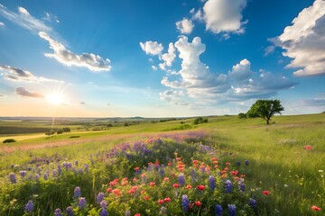 Lush Green Meadow Under Clear Blue Sky on a Sunny Day, Idyllic Countryside Scene for Nature and Travel Concepts.