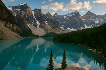 Fototapeta premium Breathtaking view of turquoise lake surrounded by pine trees and snow-capped mountains under blue sky, scenic nature landscape reflection in water, tranquil wilderness travel destination in alpine env