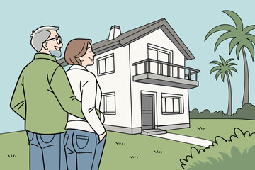 senior couple walking in front of home