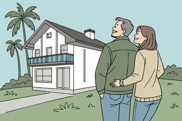young couple in front of house