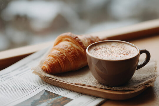 Cappuccino with croissant is perfect morning. It is cozy and delicious