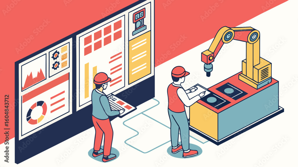 Aufkleber isometric view of two workers operating machinery with display screens in a factory setting scene