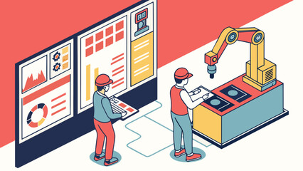 Isometric view of two workers operating machinery with display screens in a factory setting scene