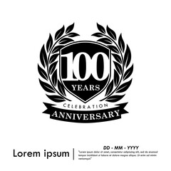 100th years anniversary celebration emblem. congratulations anniversary black logo isolated with laurel wreath and ribbon and frame. vector illustration template design for web banner