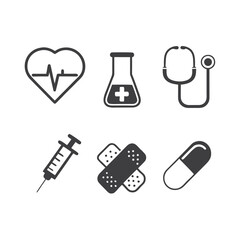 Medical Icons Heartbeat Stethoscope Flask Syringe Bandage Capsule health healthcare