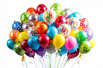 A colorful bunch of balloons with happy birthday on a transparent background perfect for festive events