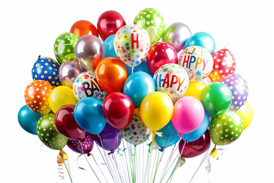 A colorful bunch of balloons with happy birthday on a transparent background perfect for festive events - Powered by Adobe