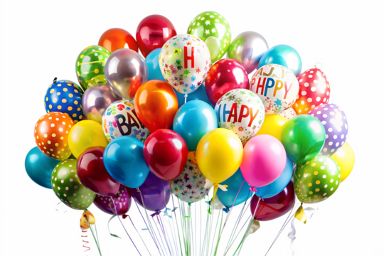 A colorful bunch of balloons with happy birthday on a transparent background perfect for festive events
