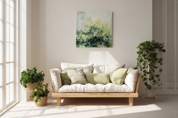 Modern Living Room with Linen Sofa and Abstract Art.
