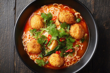 Fototapeta premium Noodles with fish ball in spicy soup gives comforting, appetizing presentation