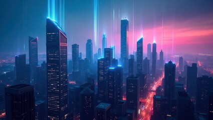 Fototapeta premium Futuristic city skyline at twilight with glowing lines.