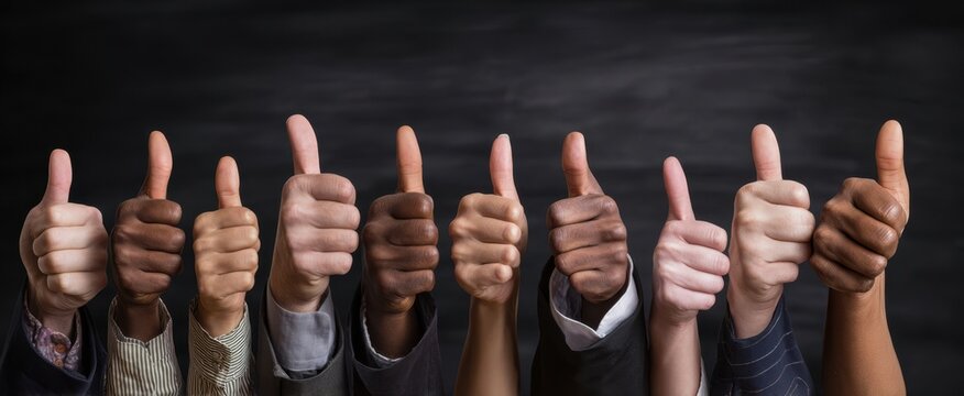 The hands displaying thumbs up in a diverse group symbolizing approval and unity. - Powered by Adobe