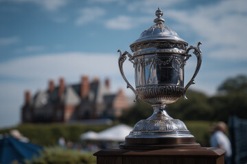 Elegant Silver Trophy Displayed Outdoor with a Historic Building Backdrop