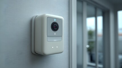 Modern security camera mounted on a wall.