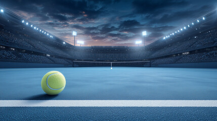 Scenic Tennis Court Landscape at Sunset with Illuminated Stadium Lights
