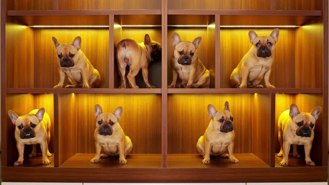 Adorable array of shelves-cells with dogs, each dog moving slightly, looking around and at each other with matching puzzled yet funny expressions. Video created by compositing single dog model