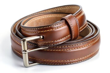 Classic brown leather belt with contrast stitching and a silver buckle rolled for studio display