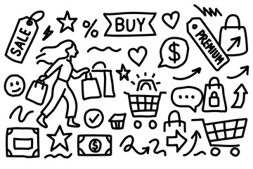 Hand-drawn shopping doodle icons in black and white. Sketch style illustration of e-commerce, sale, discount, payment, and consumer activity.