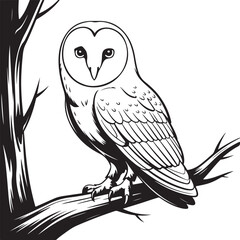 Obraz premium Detailed Barn Owl Vector Illustration Perched on Branch in Black and White Style on Transparent BG