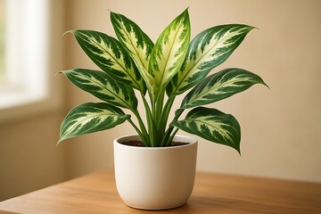 Aglaonema plant green white variegated leaves image