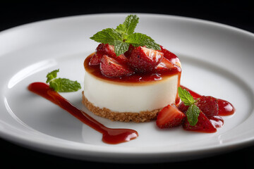 Cheesecake with strawberry looks delicious and inviting on white plate