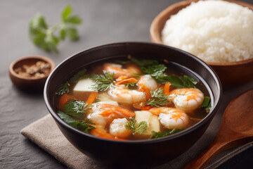 Shrimp tofu soup looks delicious with jasmine rice, healthy and appetizing