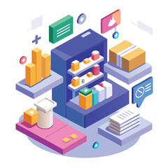Isometric illustration of a product launch plan with shelves graphs and various related digital elements.