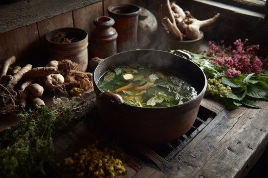 Herbal tonic simmers, promising warmth and health on rustic wooden stove