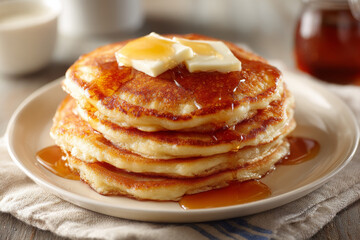 Stack of pancakes looks delicious with syrup dripping down