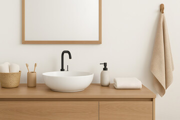Fototapeta premium Modern minimalist bathroom interior with wooden vanity, white ceramic sink, black faucet, mirror and neutral decor, stylish home washroom design, elegant hygiene accessories and Scandinavian aesthetic