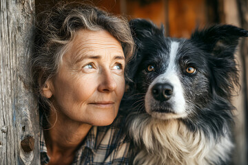 Thoughtful senior woman shepherd with her border collie dog on a sunny farm