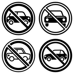 Four black and white no car signs with different car styles inside of a black and white circle border