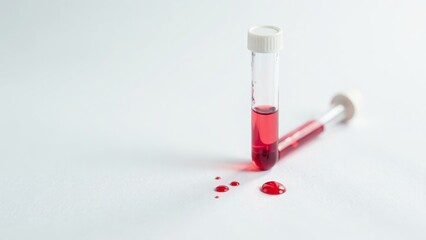 Close-up view of crimson liquid sample in a clear vial, with a spill of several droplets on a white surface, suggesting a laboratory or medical setting.