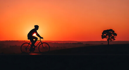 Fototapeta premium Silhouetted cyclist rides a bicycle at sunset across a flat landscape, a lone tree visible in the distance.