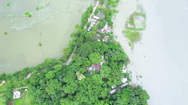 4K Aerial Drone View of Flooded Riverbank Village and Dense Green Forest